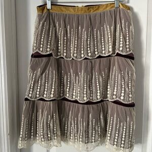 Odille VTG Fern Tiered Cream and Brown Layered A-Line Skirt